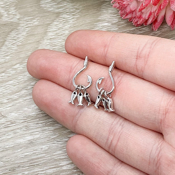 Boucles d'oreilles pêche, Puces d'oreilles trois poissons, Puces d'oreilles hameçon, Bijoux en argent sterling, Bijoux hameçon pour femme, Boucles d'oreilles pêcheur