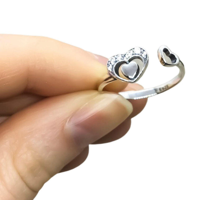 Bague cœur en argent sterling 925, bijou cœur délicat, bague double cœur, bague ajustable pour femme, bague d'anniversaire pour épouse