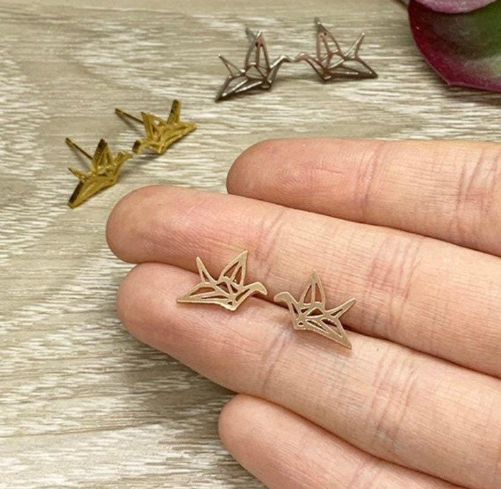 Origami Crane Stud Earrings, Wildlife Jewelry, Cute Bird Earrings, Animal Lover Gift, Love Bird Earrings, Paper Crane Post Earrings