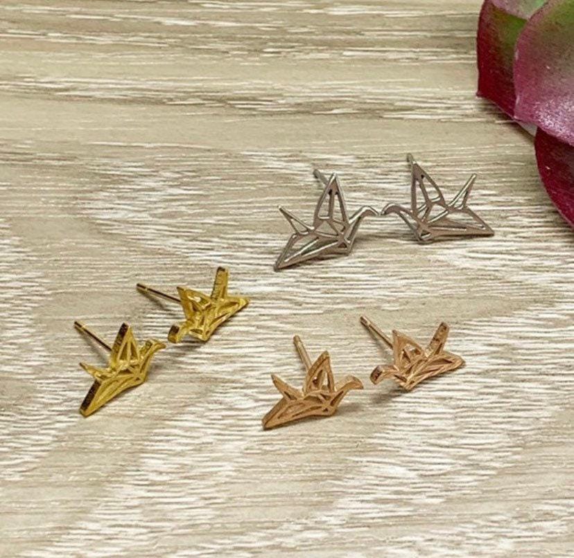 Origami Crane Stud Earrings, Wildlife Jewelry, Cute Bird Earrings, Animal Lover Gift, Love Bird Earrings, Paper Crane Post Earrings
