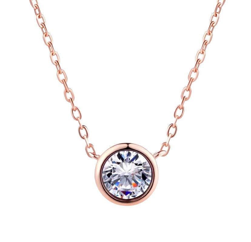 Diamond Solitaire Necklace, Rose Gold CZ Necklace, Round Cut Cubic Zirconia Pendant, Dainty Jewelry, Circle Bezel Necklace, Bridal Jewelry