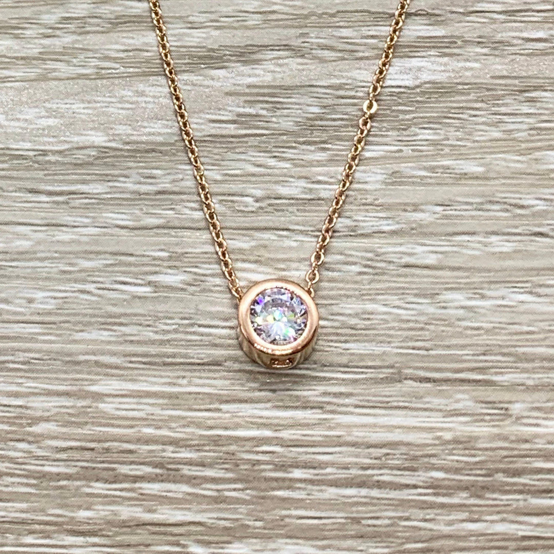 Diamond Solitaire Necklace, Rose Gold CZ Necklace, Round Cut Cubic Zirconia Pendant, Dainty Jewelry, Circle Bezel Necklace, Bridal Jewelry