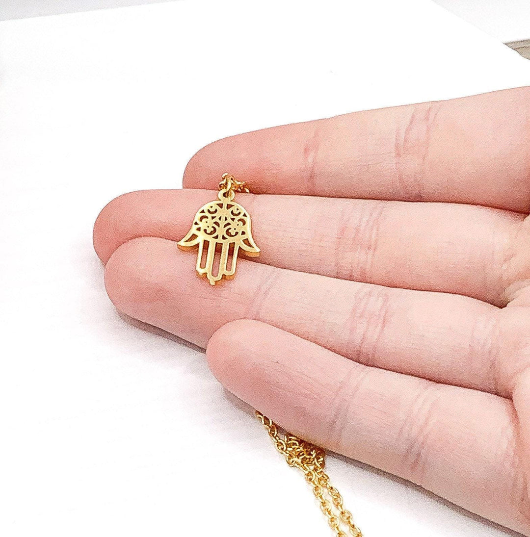 Hamsa Hand Necklace Gold, Protection Gift, Spiritual Jewelry, Hand of Fatima Necklace, Hanukkah Gift for Her, Positive Energy Charm