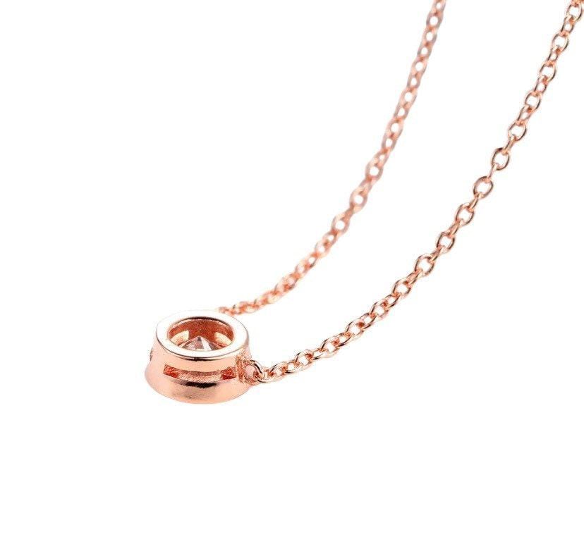 Diamond Solitaire Necklace, Rose Gold CZ Necklace, Round Cut Cubic Zirconia Pendant, Dainty Jewelry, Circle Bezel Necklace, Bridal Jewelry