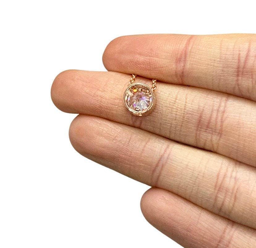 Diamond Solitaire Necklace, Rose Gold CZ Necklace, Round Cut Cubic Zirconia Pendant, Dainty Jewelry, Circle Bezel Necklace, Bridal Jewelry
