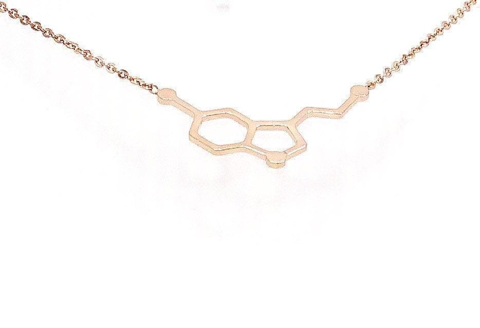 Collier Sérotonine en Or Rose, Bijou Moléculaire, Pendentif Molécule, Collier Biologie, Cadeau Remonte-Gourmandise, Petit Cadeau pour Femme