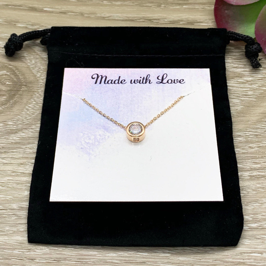 Diamond Solitaire Necklace, Rose Gold CZ Necklace, Round Cut Cubic Zirconia Pendant, Dainty Jewelry, Circle Bezel Necklace, Bridal Jewelry