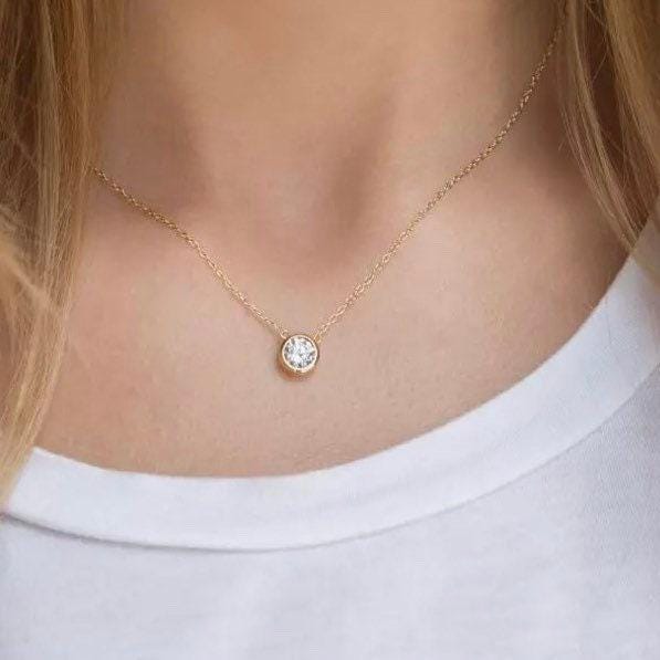 Diamond Solitaire Necklace, Rose Gold CZ Necklace, Round Cut Cubic Zirconia Pendant, Dainty Jewelry, Circle Bezel Necklace, Bridal Jewelry