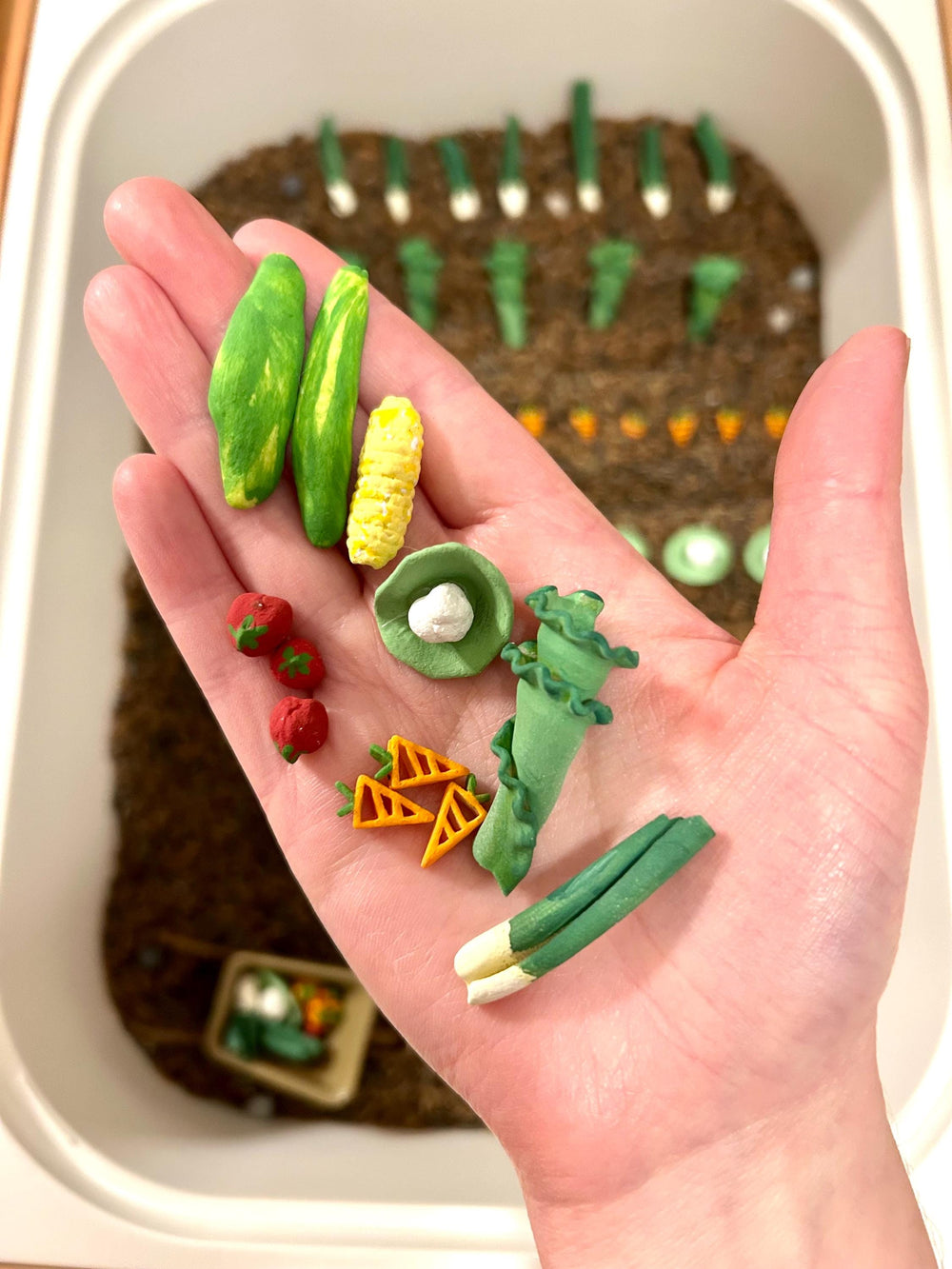 Vegetable Garden Sensory Bin Filler Mix | Brown Rice Soil | Grey Chickpea Rocks | Handpainted Pasta | Farming Soil Montessori Sensory Play