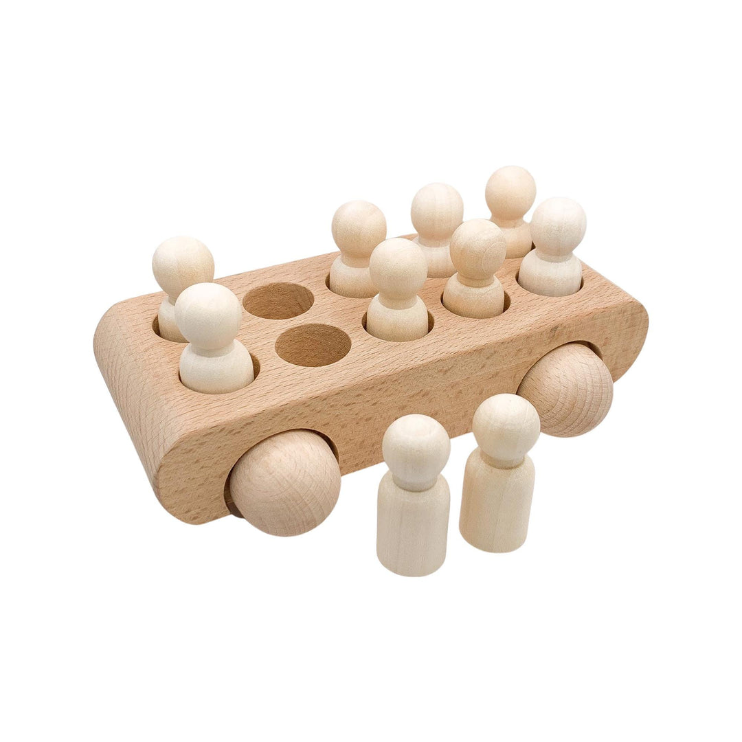 Natural Beechwood Wooden Bus with 10 Peg Dolls | Montessori Toy | Open-Ended Play | Waldorf Inspired Wooden Vehicle | Handmade Kids Gift