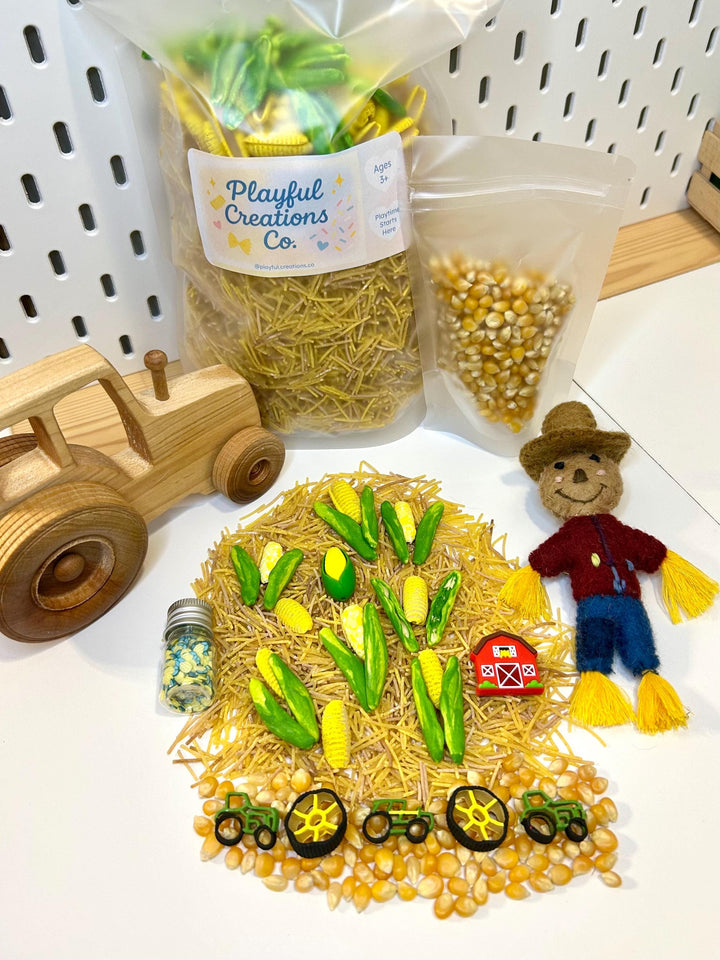Corn Maze Sensory Bin Filler | Farm Sensory Filler Mix | Hay Pasta Corn Sensory Play | Tractor Loose Parts | Montessori Fall Themed Activity