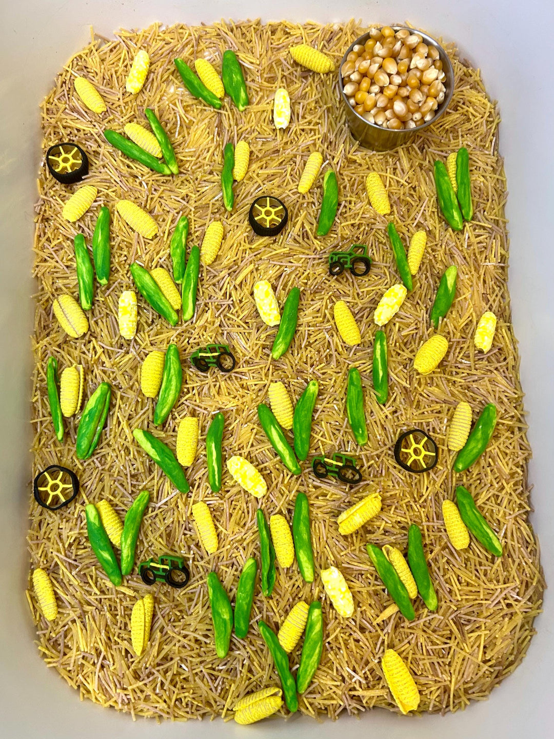 Tractor Sensory Filler Mix | Corn Maze Sensory Bin Filler | Hay Painted Pasta Sensory Play | Farm Loose Parts | Montessori Fall Themed Play