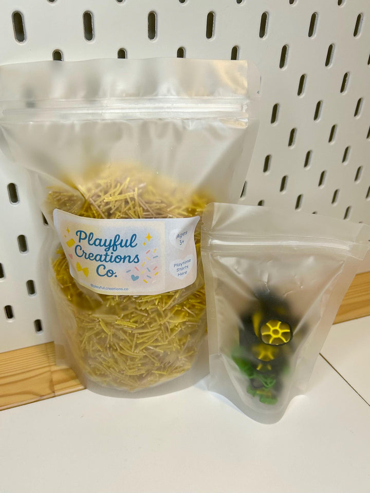 Farm Tractor Sensory Filler | Hay Pasta Sensory Bin Mix | Tractor Wheel Pasta | Montessori Farm Sensory Play | Playful Creations Co.