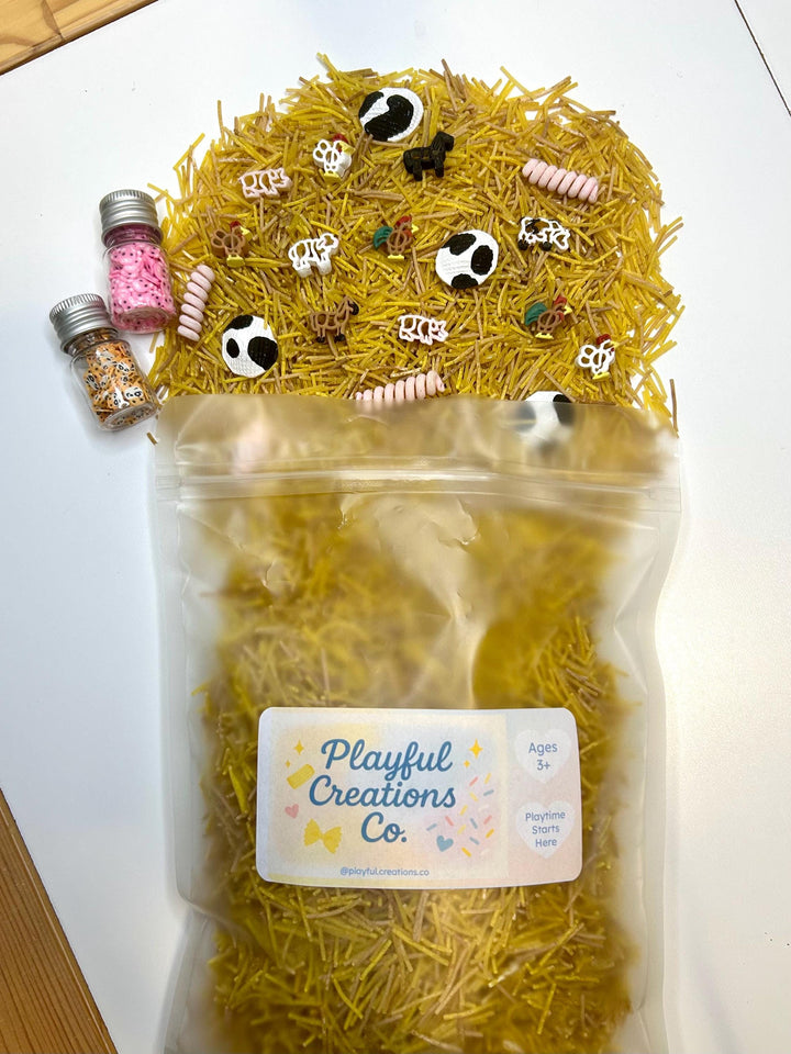 Farm Animals Sensory Filler | Barnyard Sensory Bin Mix | Hay Pasta Sensory Play | Painted Farm Animals | Fall Montessori Small World Play