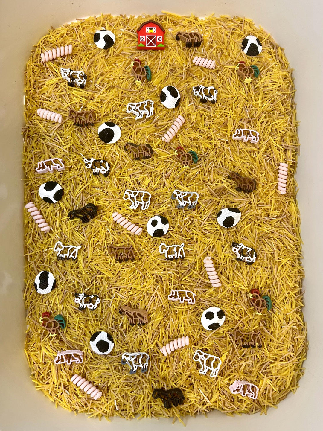 Barnyard Sensory Bin Mix | Farm Animals Sensory Filler | Hay Pasta Sensory Play | Painted Mini Cows Sheep | Fall Montessori Small World Play