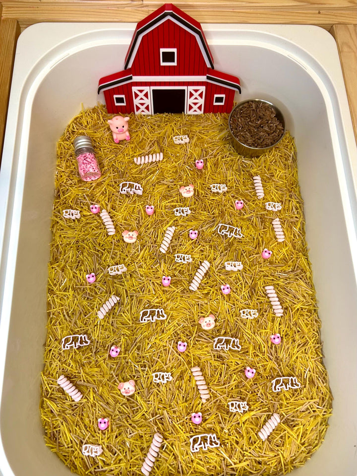 Farmyard Sensory Filler Mix | Pig-Themed Play Bin Filler | Hay & Brown Rice “Mud” | Pink Pig Tail Pasta | Piglet Farm Sensory Play for Kids