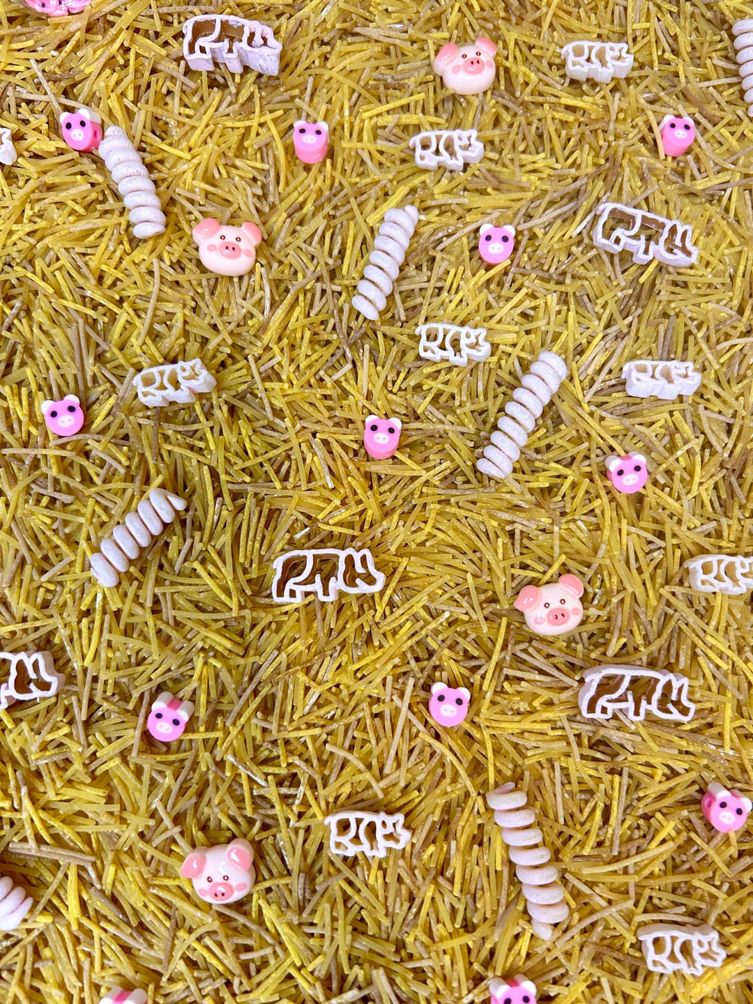 Farmyard Sensory Filler Mix | Pig-Themed Play Bin Filler | Hay & Brown Rice “Mud” | Pink Pig Tail Pasta | Piglet Farm Sensory Play for Kids