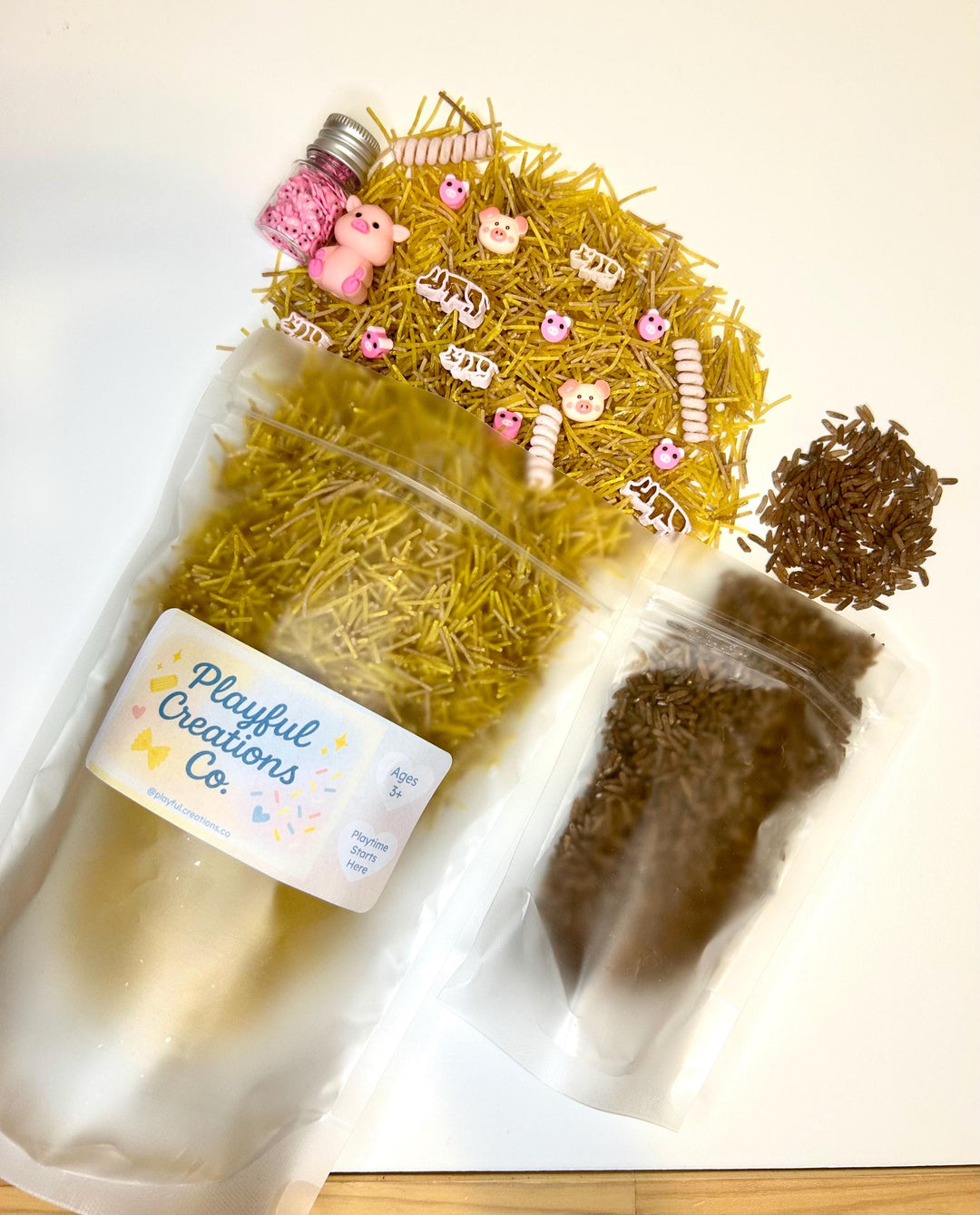 Farmyard Sensory Filler Mix | Pig-Themed Play Bin Filler | Hay & Brown Rice “Mud” | Pink Pig Tail Pasta | Piglet Farm Sensory Play for Kids