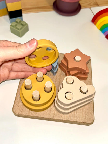 Montessori Puzzle with Silicone Simple Shapes | Toys for Toddlers | Fine Motor Skill Builder | Children Wooden Base + Soft Silicone Pieces