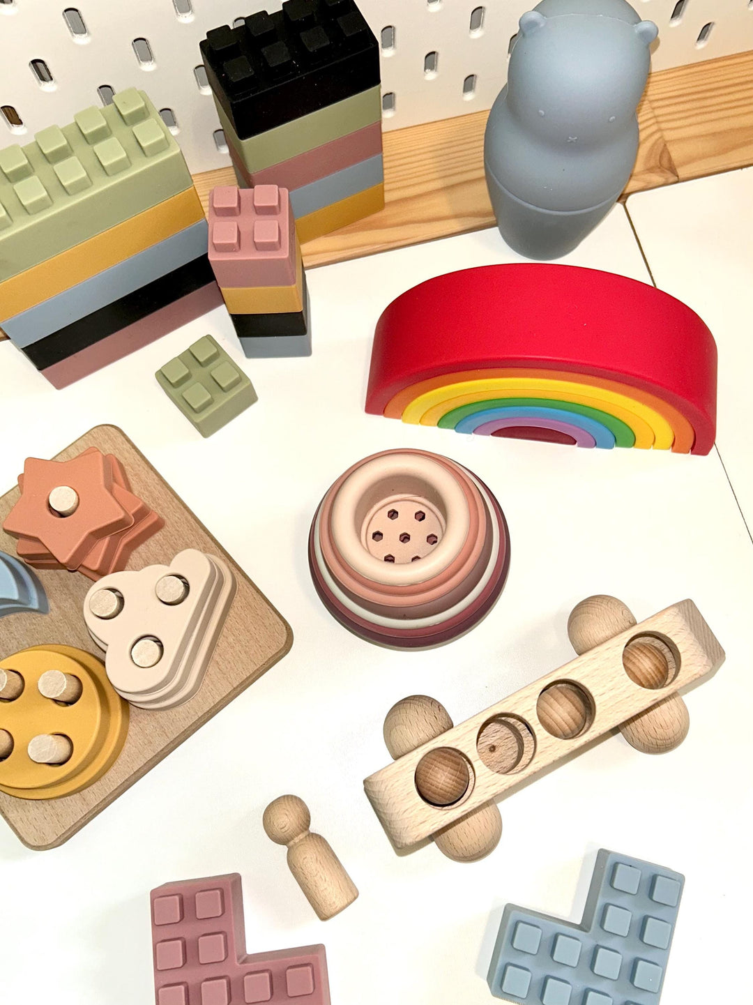 Montessori Puzzle with Silicone Simple Shapes | Toys for Toddlers | Fine Motor Skill Builder | Children Wooden Base + Soft Silicone Pieces