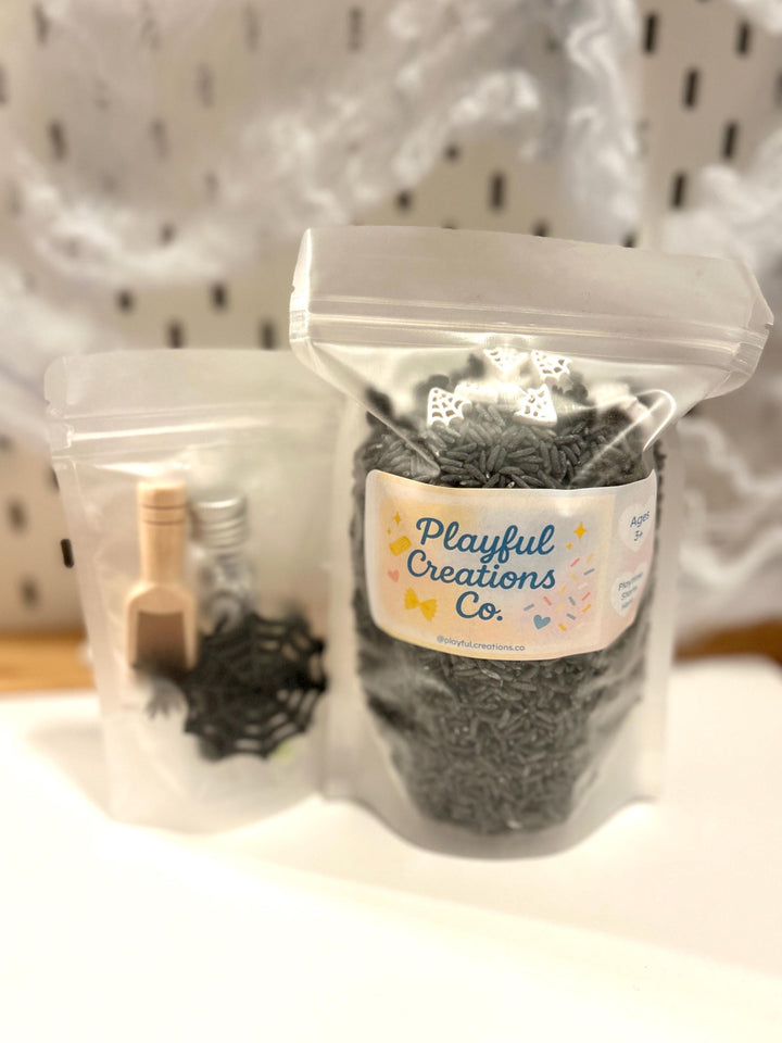 Spiderweb Sensory Filler Mix | Grey Rice Base with Handpainted Spiders & Webs | Sensory Bin | Loose Parts + Wooden Scoop | Playful Creations