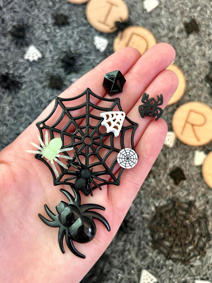 Spiderweb Sensory Filler Mix | Grey Rice Base with Handpainted Spiders & Webs | Sensory Bin | Loose Parts + Wooden Scoop | Playful Creations