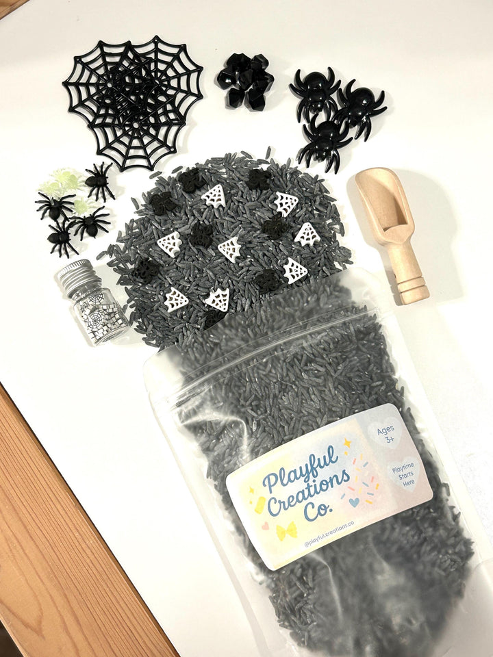 Spiderweb Sensory Filler Mix | Grey Rice Base with Handpainted Spiders & Webs | Sensory Bin | Loose Parts + Wooden Scoop | Playful Creations