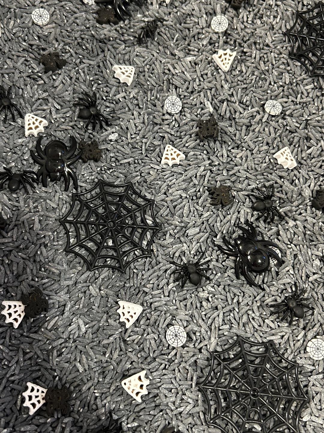 Spiderweb Sensory Filler Mix | Grey Rice Base with Handpainted Spiders & Webs | Sensory Bin | Loose Parts + Wooden Scoop | Playful Creations