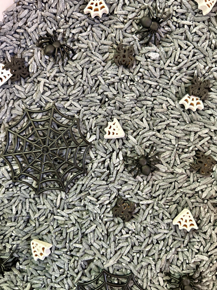 Spiderweb Sensory Filler Mix | Grey Rice Base with Handpainted Spiders & Webs | Sensory Bin | Loose Parts + Wooden Scoop | Playful Creations