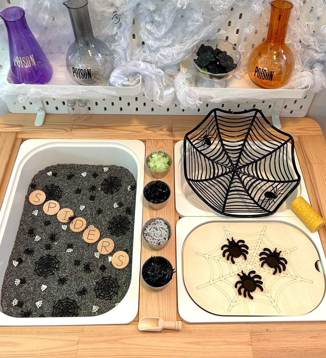 Spiderweb Sensory Filler Mix | Grey Rice Base with Handpainted Spiders & Webs | Sensory Bin | Loose Parts + Wooden Scoop | Playful Creations