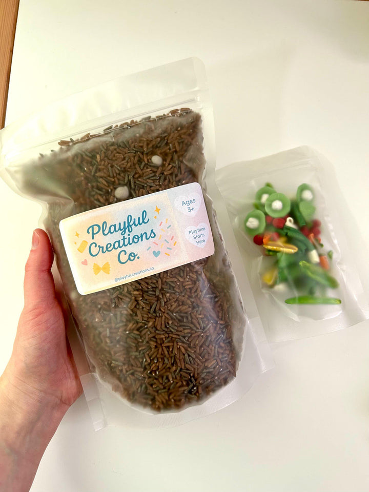 Vegetable Garden Sensory Bin Filler Mix | Brown Rice Soil | Grey Chickpea Rocks | Handpainted Pasta | Farming Soil Montessori Sensory Play