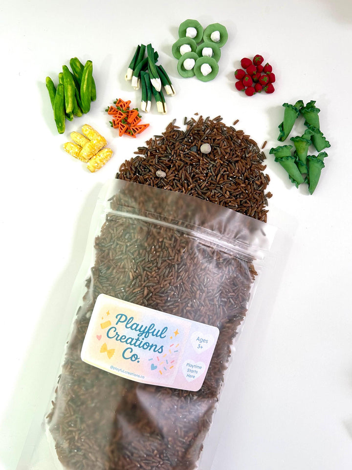 Vegetable Garden Sensory Bin Filler Mix | Brown Rice Soil | Grey Chickpea Rocks | Handpainted Pasta | Farming Soil Montessori Sensory Play