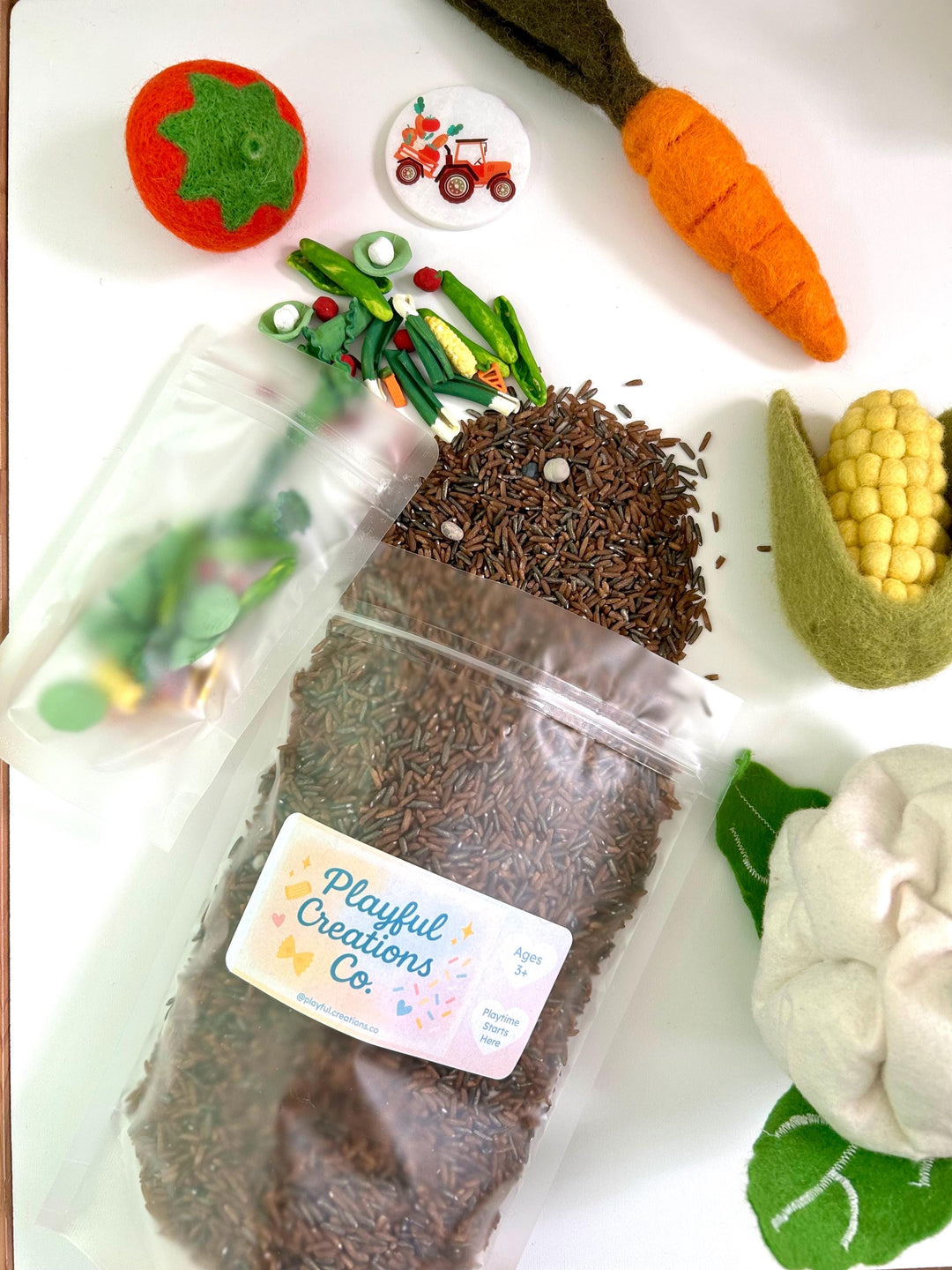 Vegetable Garden Sensory Bin Filler Mix | Brown Rice Soil | Grey Chickpea Rocks | Handpainted Pasta | Farming Soil Montessori Sensory Play