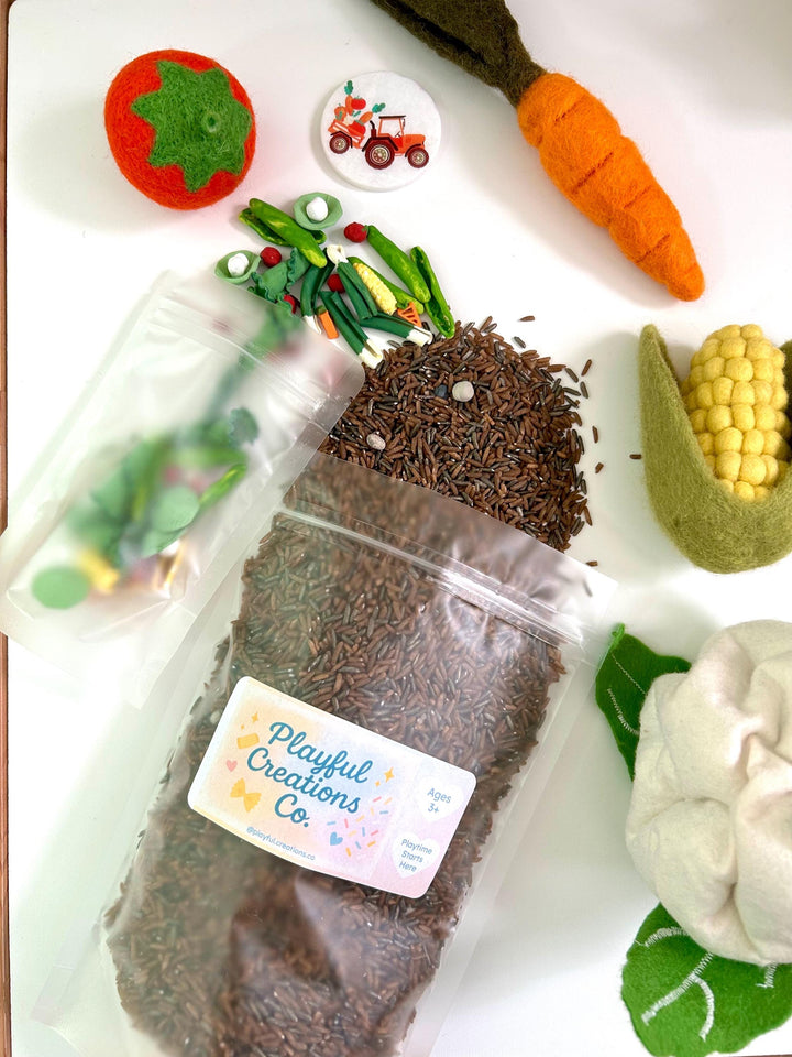 Vegetable Garden Sensory Bin Filler Mix | Brown Rice Soil | Grey Chickpea Rocks | Handpainted Pasta | Farming Soil Montessori Sensory Play