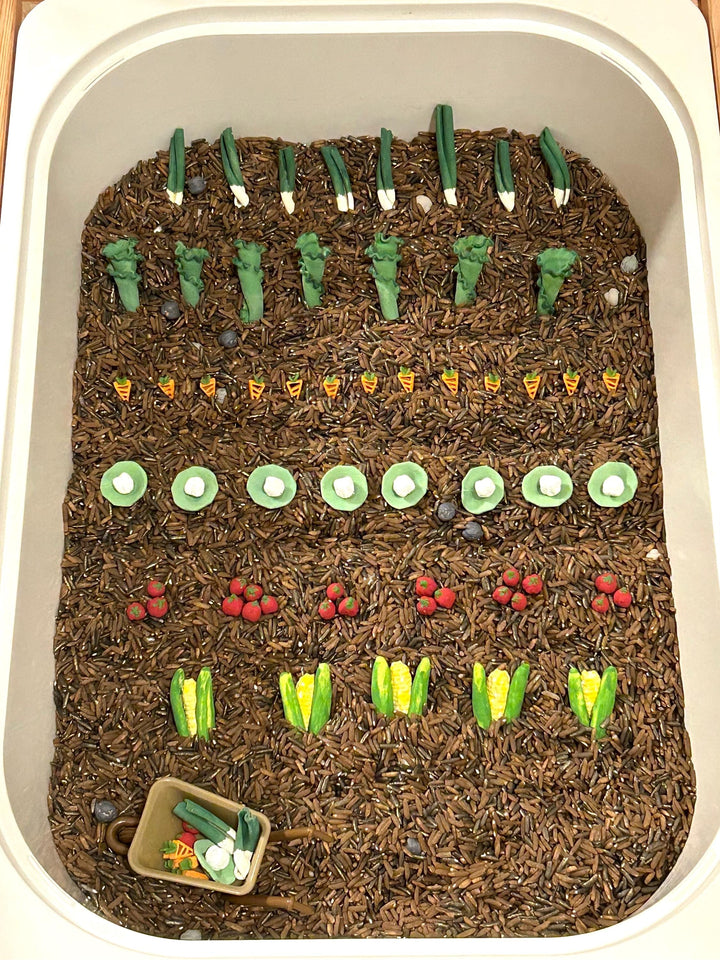 Vegetable Garden Sensory Bin Filler Mix | Brown Rice Soil | Grey Chickpea Rocks | Handpainted Pasta | Farming Soil Montessori Sensory Play