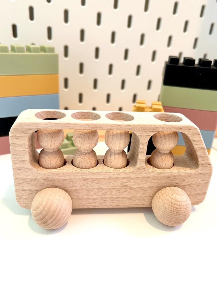 Natural Beechwood Bus with Peg Dolls | Montessori Wooden Toy | Open-Ended Play | Waldorf Small World | Handmade Wooden Bus for Kids Gift
