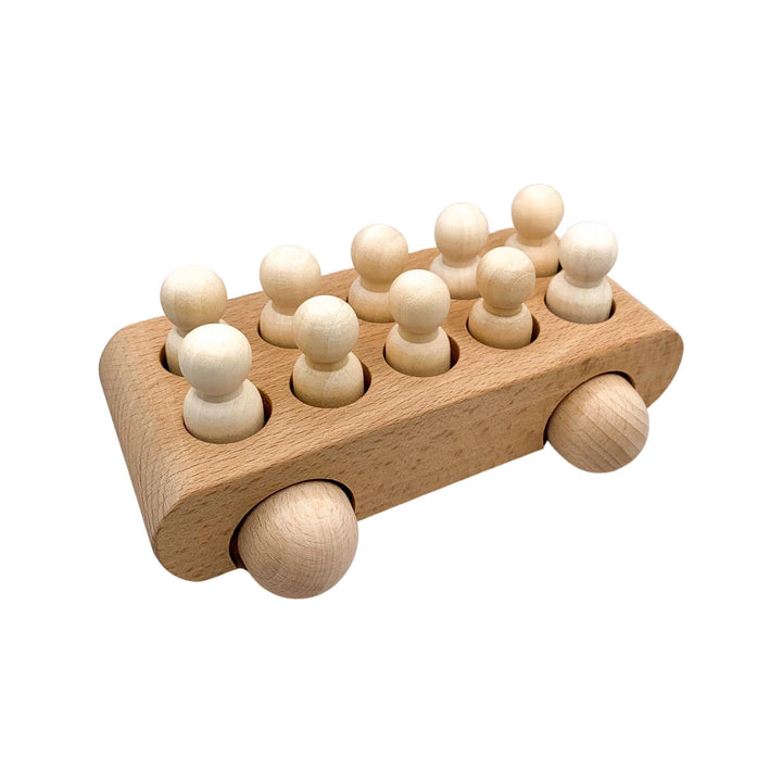 Natural Beechwood Wooden Bus with 10 Peg Dolls | Montessori Toy | Open-Ended Play | Waldorf Inspired Wooden Vehicle | Handmade Kids Gift