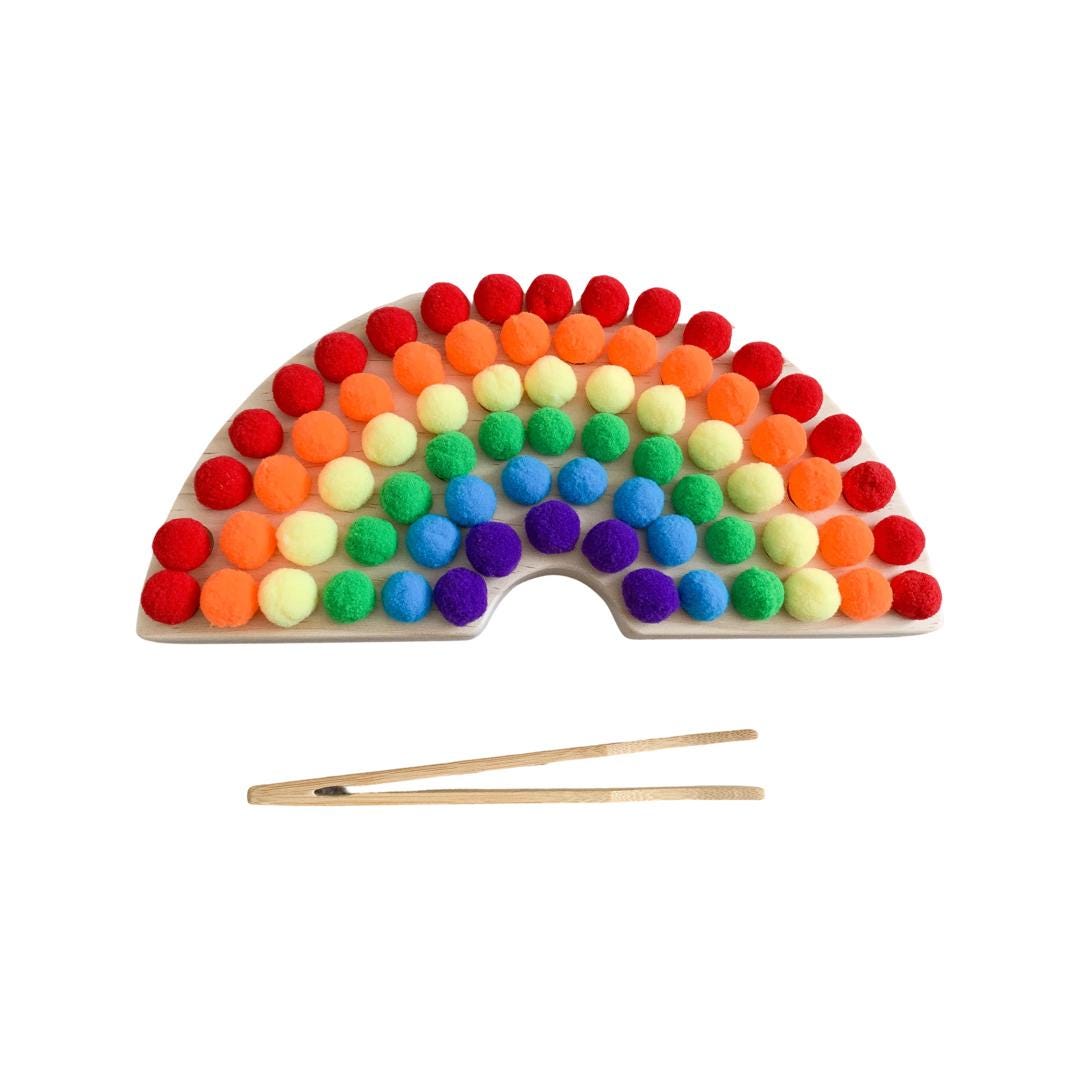 Wooden Rainbow Color Sorter Toy with Pompoms &amp; Wood Tweezers | Montessori Fine Motor Activity | Toddler Sorting Game | Sensory Play Learning
