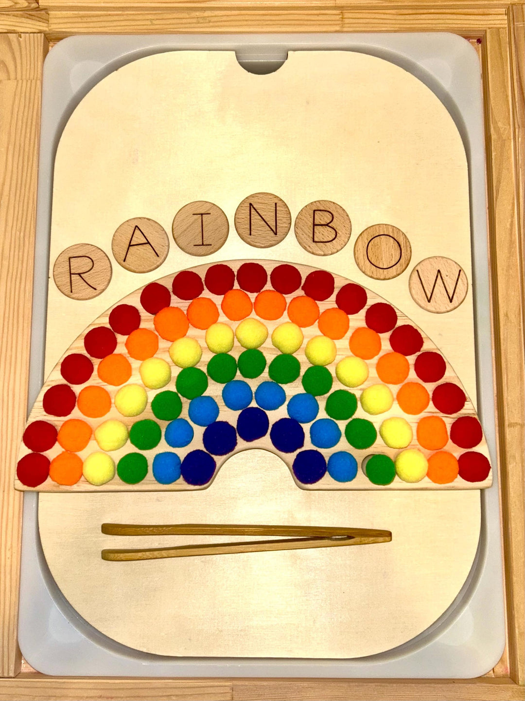 Wooden Rainbow Color Sorter Toy with Pompoms & Wood Tweezers | Montessori Fine Motor Activity | Toddler Sorting Game | Sensory Play Learning