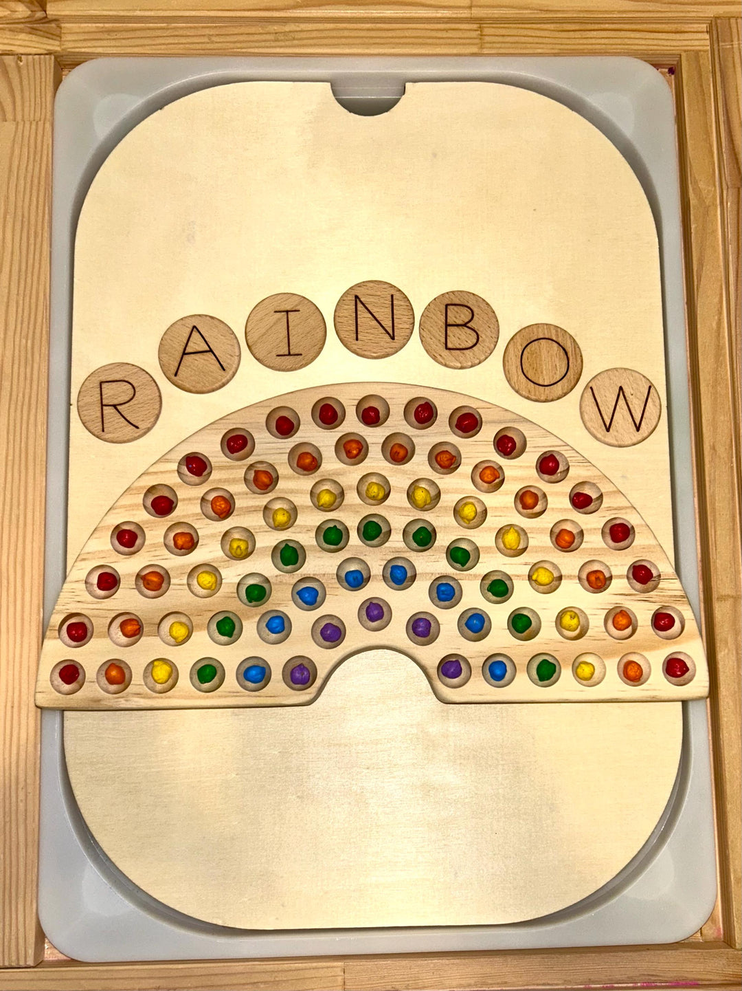 Wooden Rainbow Color Sorter Toy with Pompoms &amp; Wood Tweezers | Montessori Fine Motor Activity | Toddler Sorting Game | Sensory Play Learning