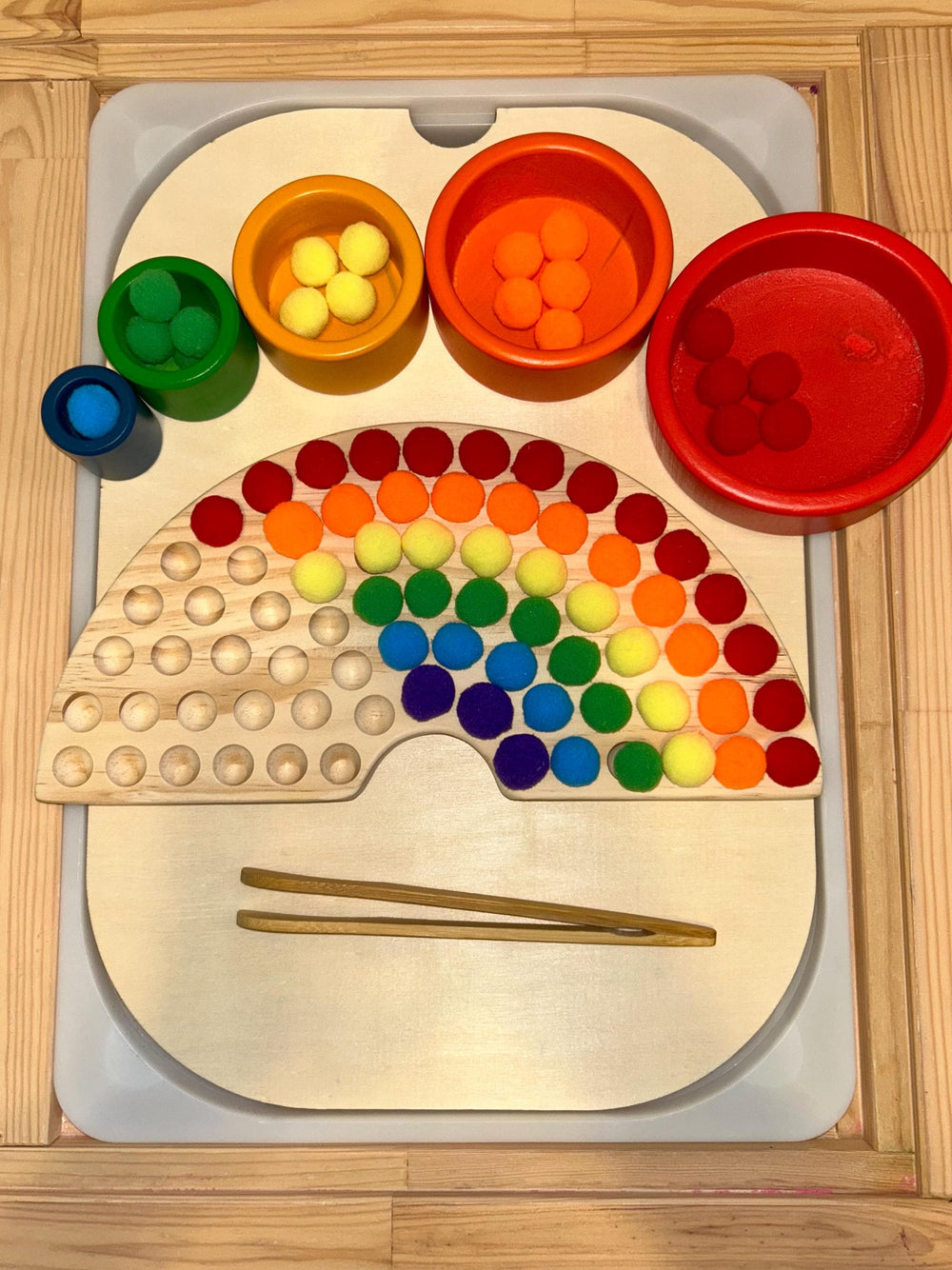 Wooden Rainbow Color Sorter Toy with Pompoms & Wood Tweezers | Montessori Fine Motor Activity | Toddler Sorting Game | Sensory Play Learning