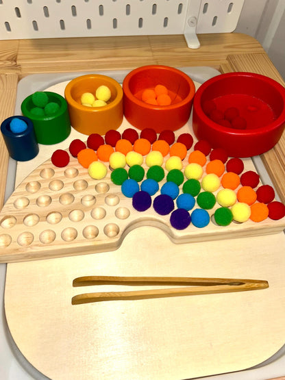 Wooden Rainbow Color Sorter Toy with Pompoms & Wood Tweezers | Montessori Fine Motor Activity | Toddler Sorting Game | Sensory Play Learning