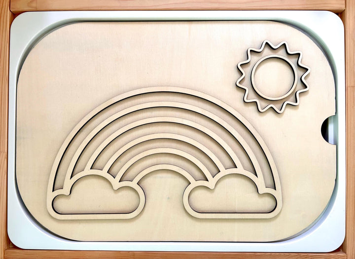 Fillable TROFAST Lid | Wooden Flisat Sensory Table Insert | Rainbow & Sunshine Shapes | Unfinished or Handpainted Montessori Activity