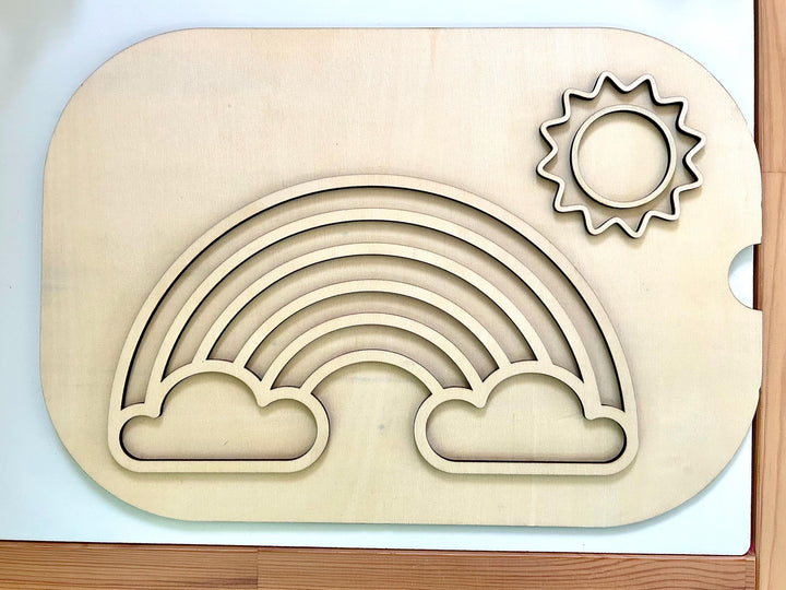 Fillable TROFAST Lid | Wooden Flisat Sensory Table Insert | Rainbow & Sunshine Shapes | Unfinished or Handpainted Montessori Activity