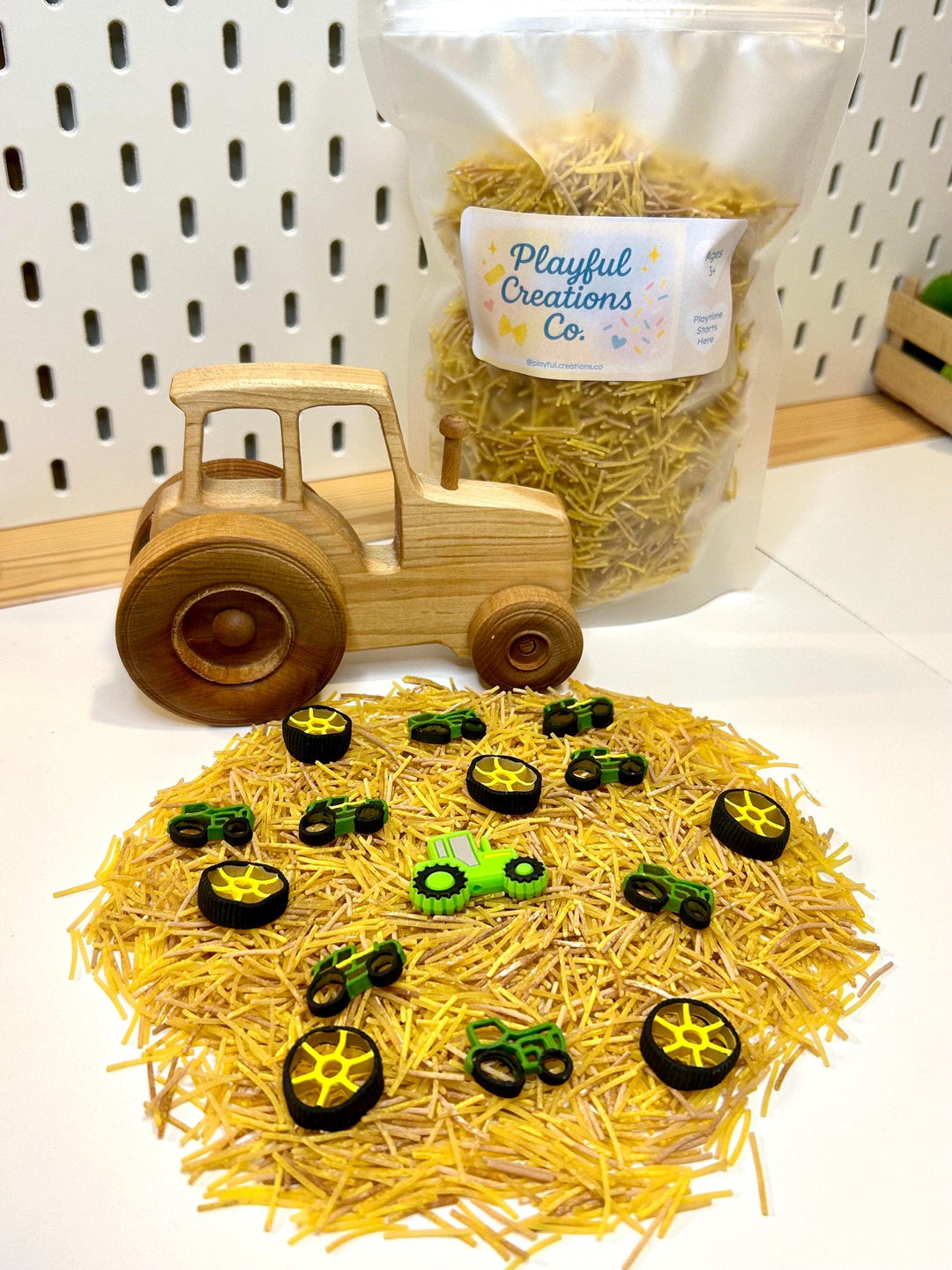 Farm Tractor Sensory Filler | Hay Pasta Sensory Bin Mix | Tractor Wheel Pasta | Montessori Farm Sensory Play | Playful Creations Co.