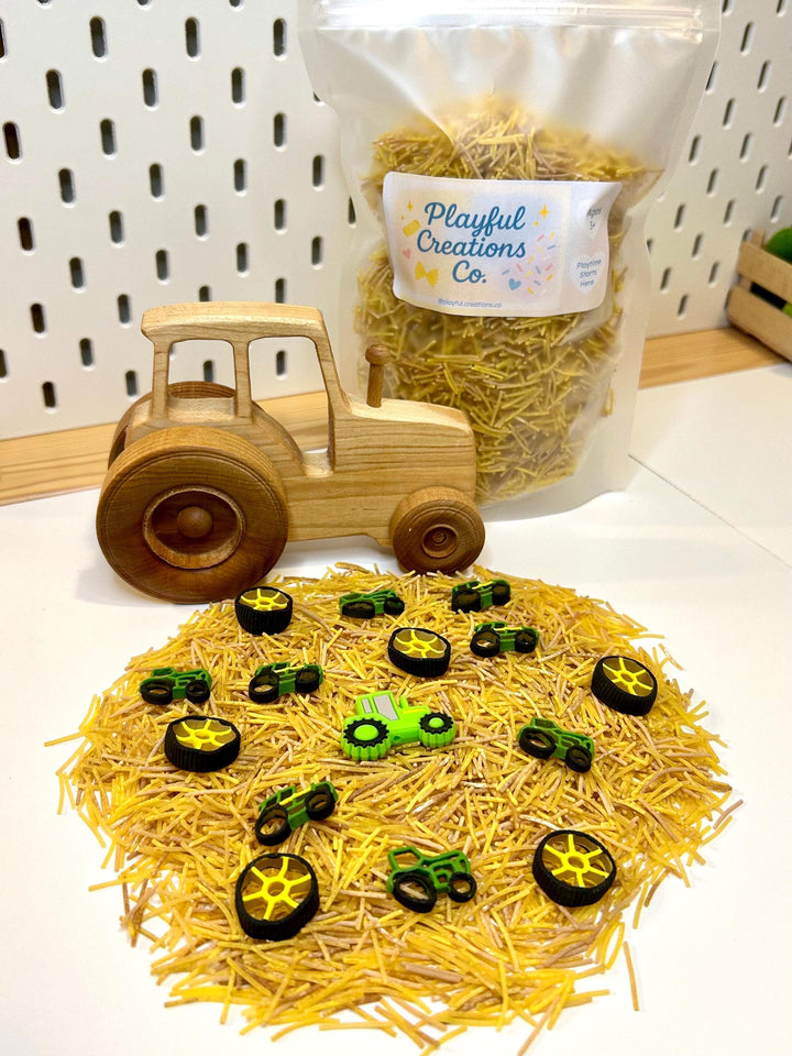 Farm Tractor Sensory Filler | Hay Pasta Sensory Bin Mix | Tractor Wheel Pasta | Montessori Farm Sensory Play | Playful Creations Co.