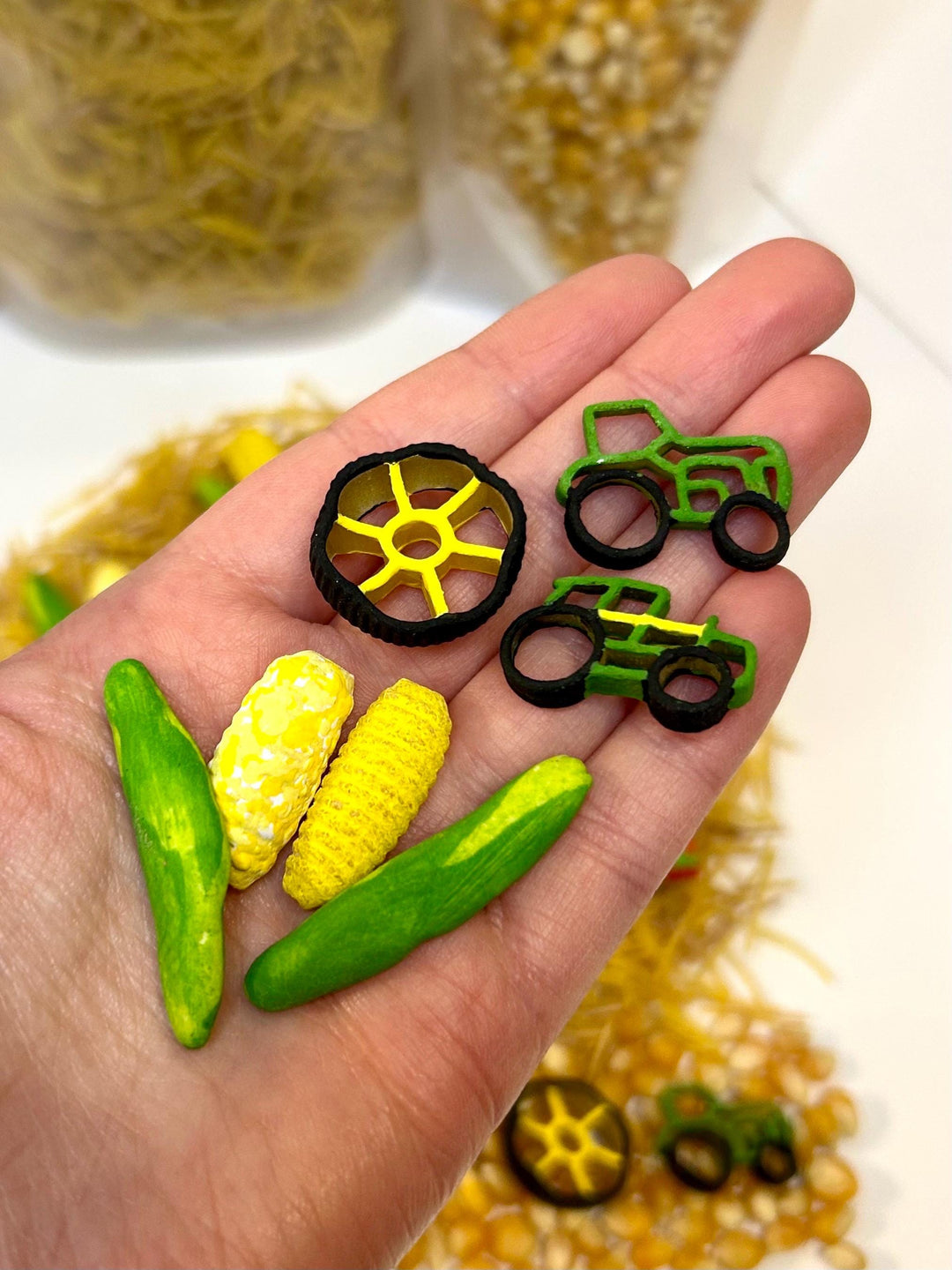 Farm Tractor Sensory Filler | Hay Pasta Sensory Bin Mix | Tractor Wheel Pasta | Montessori Farm Sensory Play | Playful Creations Co.