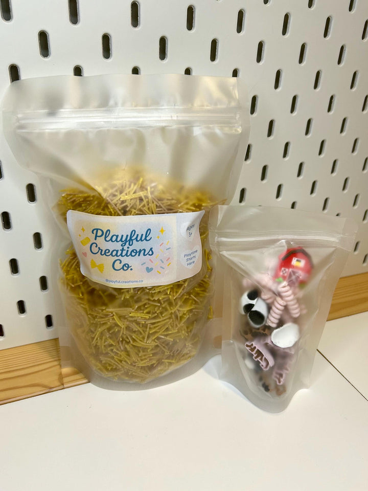 Barnyard Sensory Bin Mix | Farm Animals Sensory Filler | Hay Pasta Sensory Play | Painted Mini Cows Sheep | Fall Montessori Small World Play