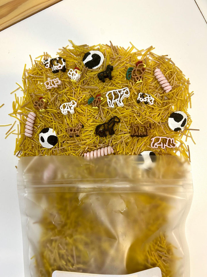 Farm Animals Sensory Filler | Barnyard Sensory Bin Mix | Hay Pasta Sensory Play | Painted Farm Animals | Fall Montessori Small World Play