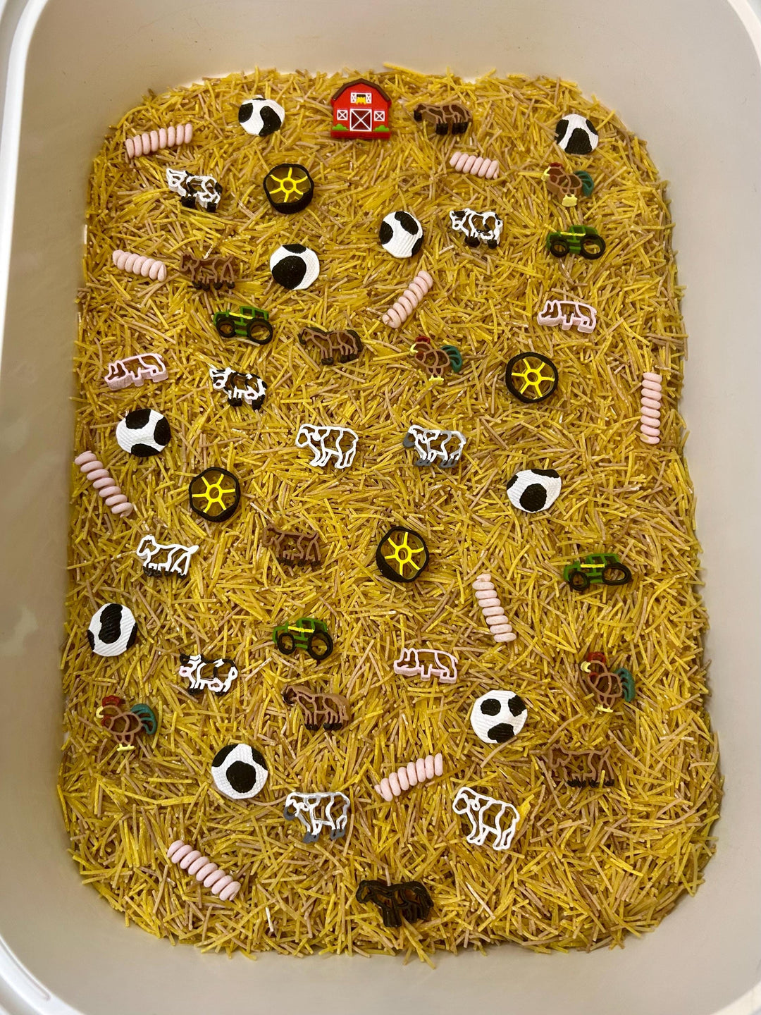 Farmyard Sensory Filler Mix | Pig-Themed Play Bin Filler | Hay & Brown Rice “Mud” | Pink Pig Tail Pasta | Piglet Farm Sensory Play for Kids